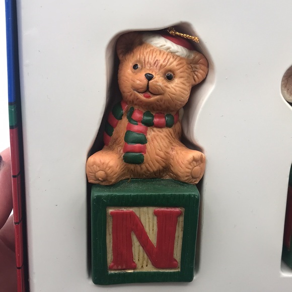 VTG May Stores Animals on Blocks Spelling NOEL Porcelain Ornaments Set/4 #38867 - Picture 2 of 6